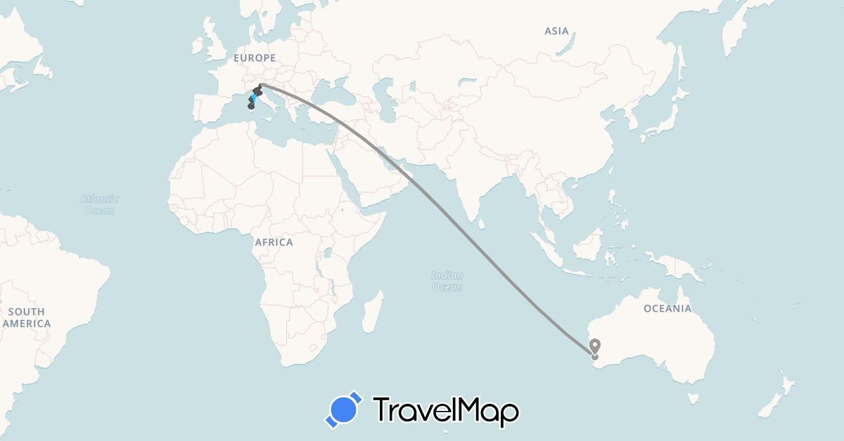 TravelMap itinerary: driving, plane, boat, motorbike, taxi in United Arab Emirates, Australia, France, Italy (Asia, Europe, Oceania)